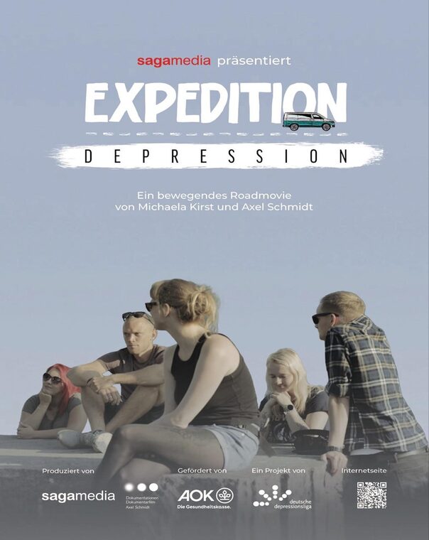 Filmplakat "Expedition Depression". Zu sehen sind fünf junge Menschen, die nachdenklich schauen. Außerdem wird der Titel des Films genannt.