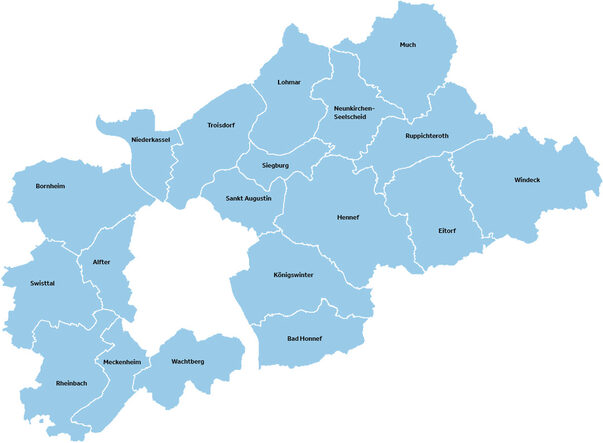 Karte des Rhein-Sieg-Kreises mit kommnualen Grenzen und Städtenamen