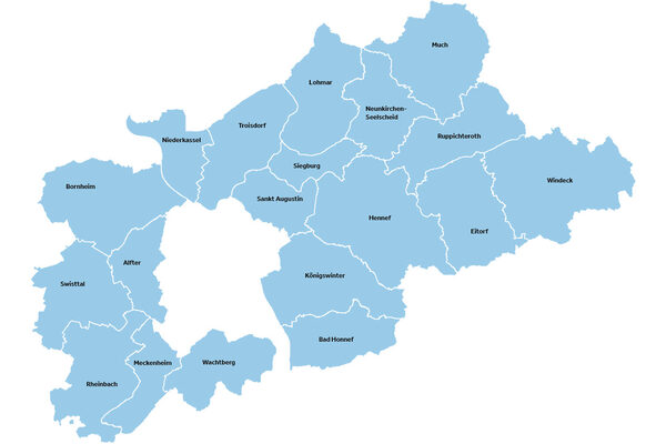 Karte des Rhein-Sieg-Kreises mit kommnualen Grenzen und Städtenamen